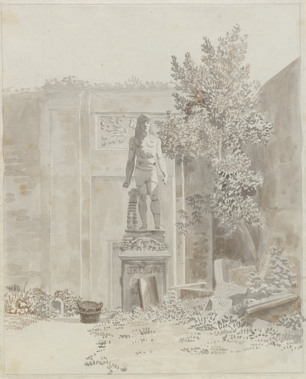 Starověká římská socha v egyptském stylu, pravděpodobně v zahradě Palazzo Barberini od Christoffer Wilhelm Eckersberg