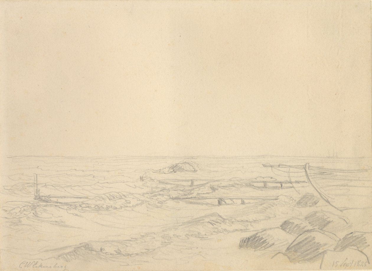 Plážová oblast s vlnami narážejícími do skal a mola. od Christoffer Wilhelm Eckersberg