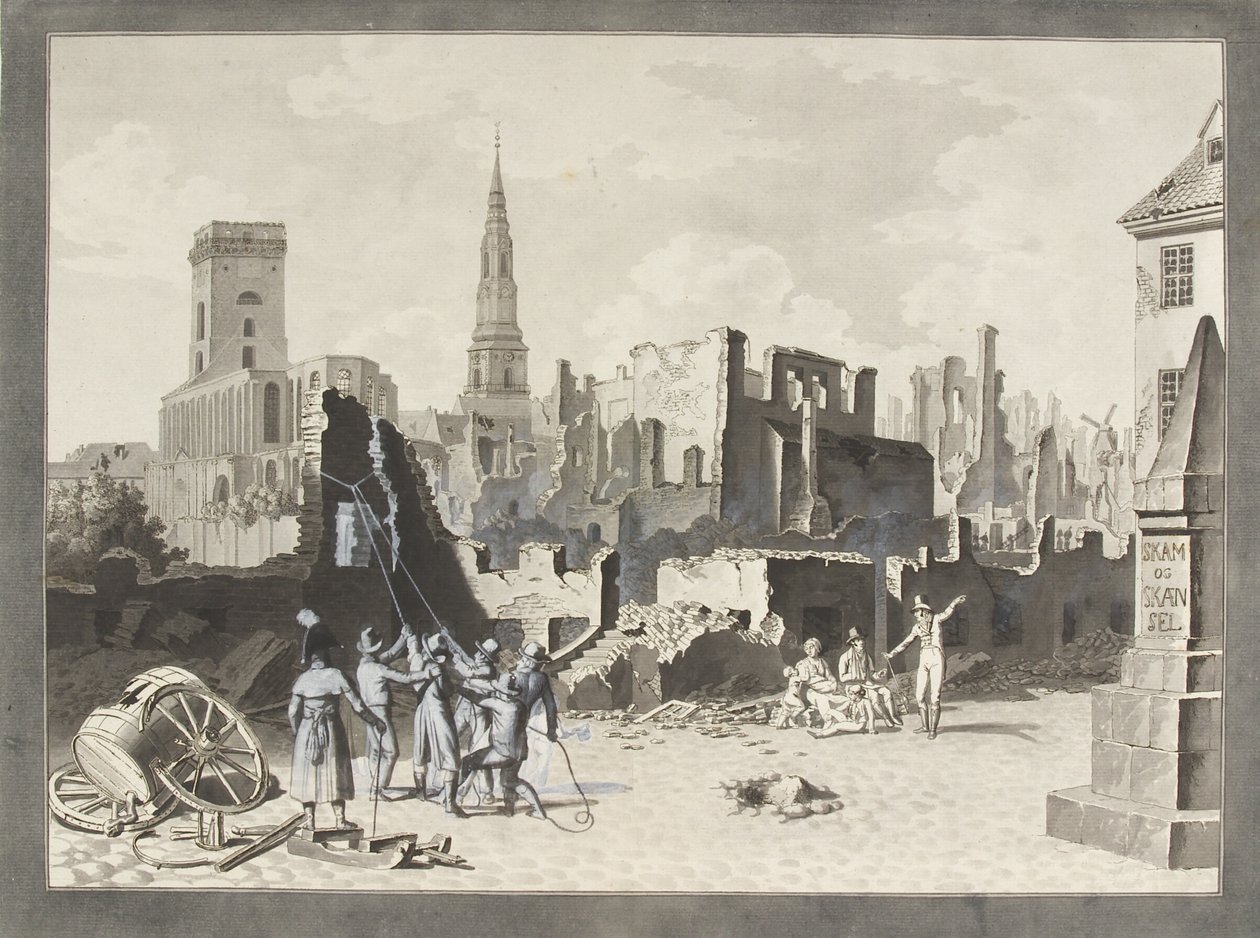 Ulfeldtovo náměstí, nyní zvané Gråbrødertorv, po britském bombardování v září 1807 od Christoffer Wilhelm Eckersberg