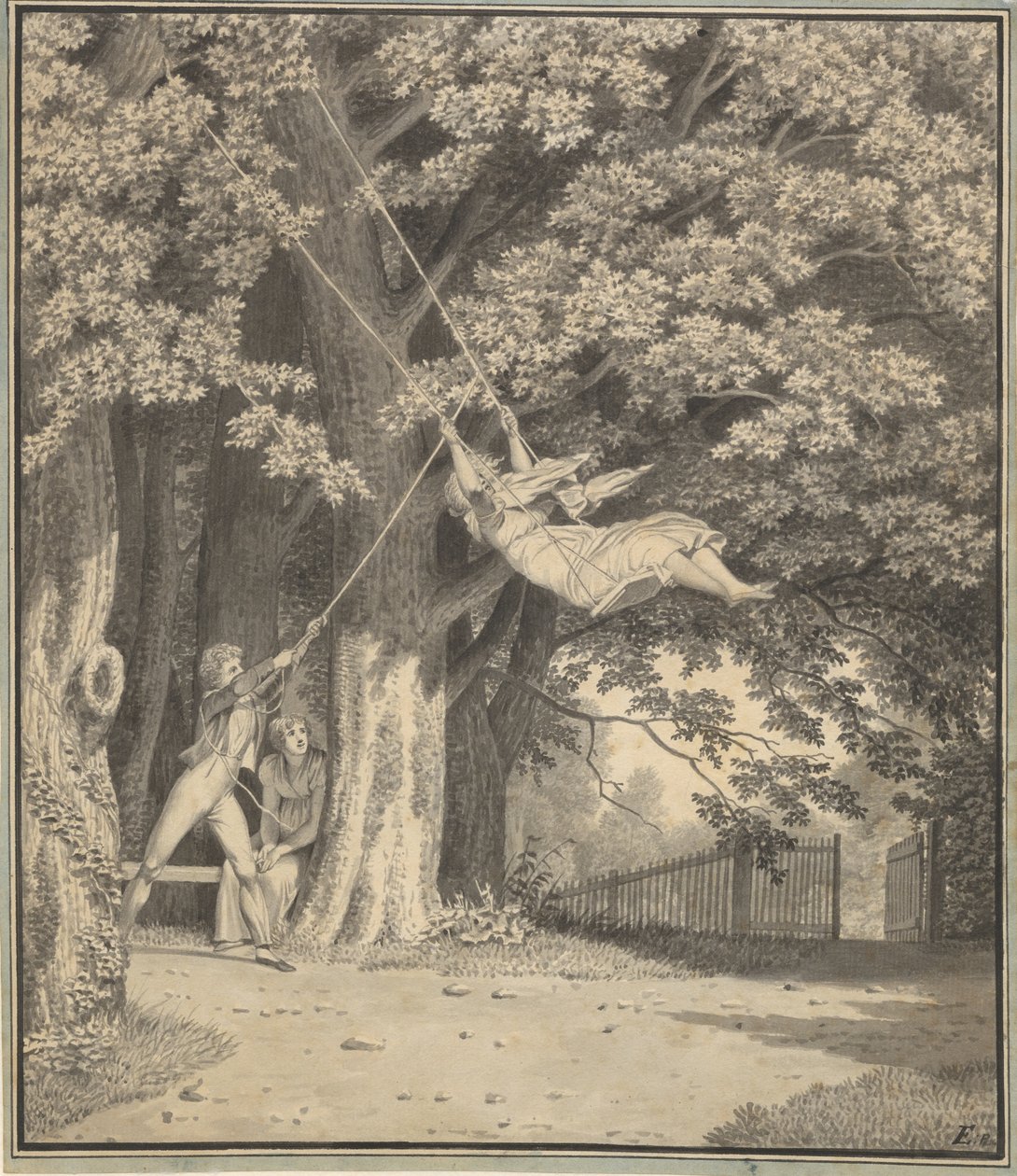 The Woodlands od Skjoldnæsholma s mladým mužem, který houpe mladou dívku od Christoffer Wilhelm Eckersberg