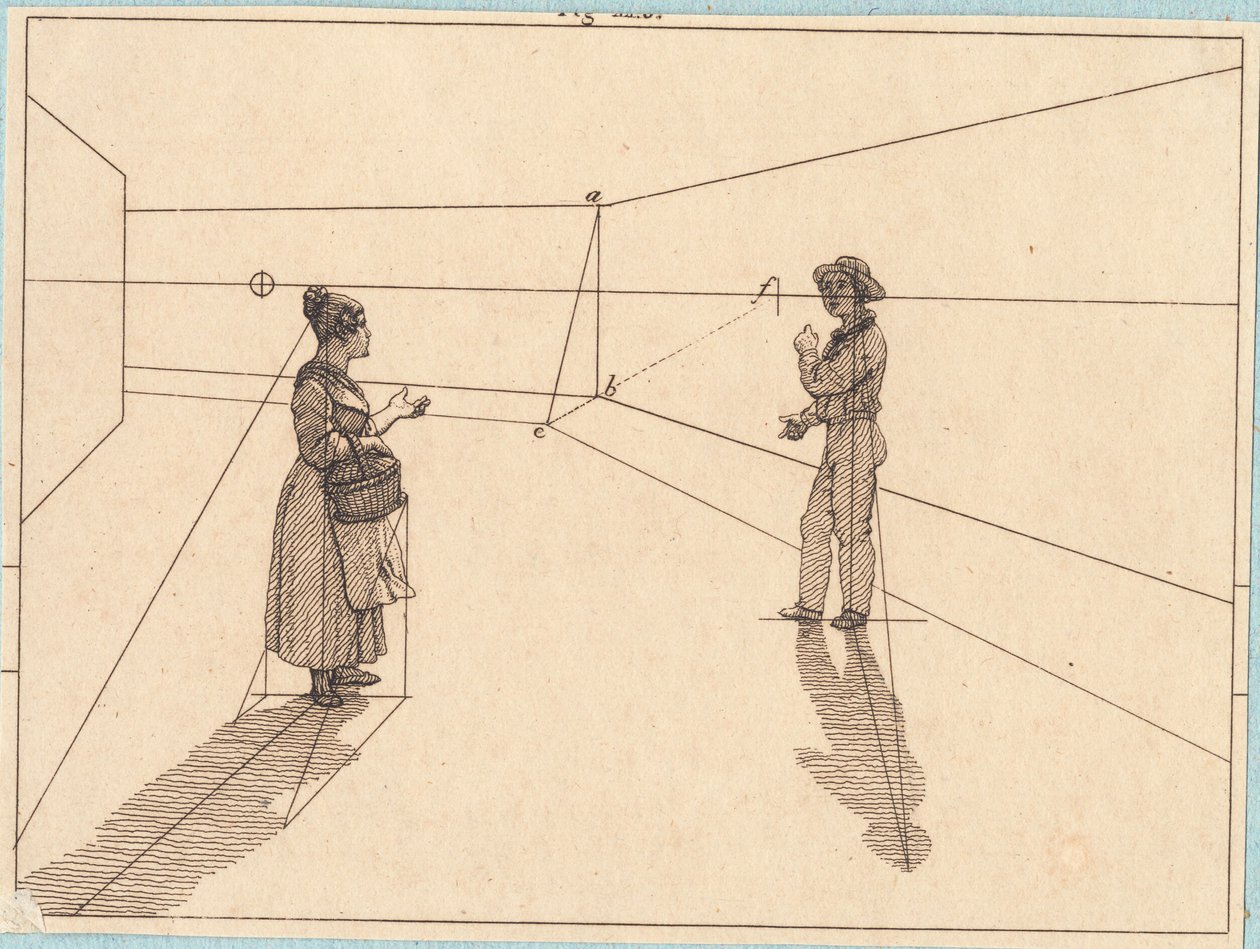 Dvě postavy v geometrické konstrukci. Ilustrace pro "Lineární perspektiva", Deska IV od Christoffer Wilhelm Eckersberg