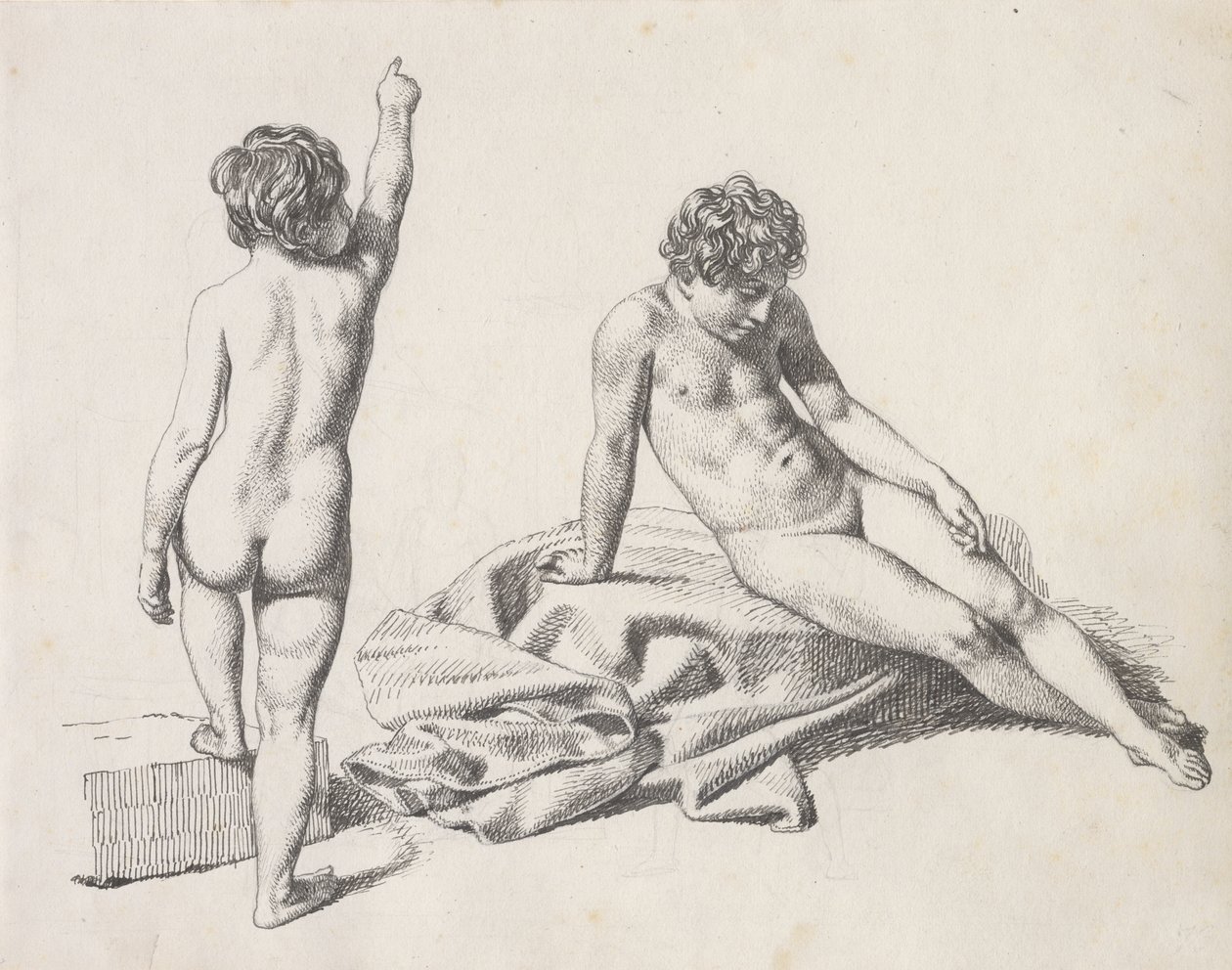 Dvě nahé holčičky, jedna sedící při pohledu zepředu, druhá stojící při pohledu zezadu od Christoffer Wilhelm Eckersberg