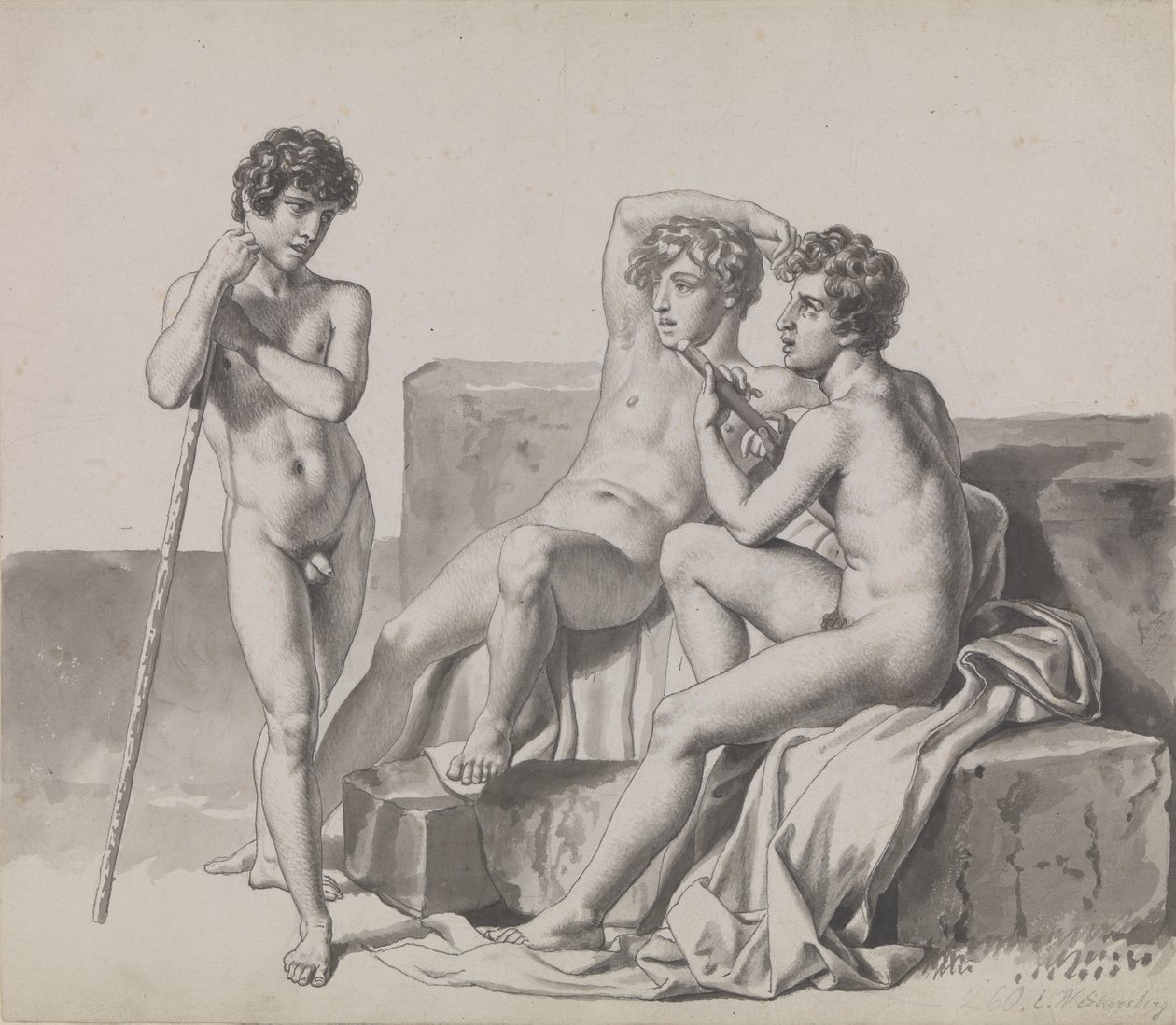 Tři mladí nazí chlapci stojící nebo sedící mezi bloky kamene. od Christoffer Wilhelm Eckersberg