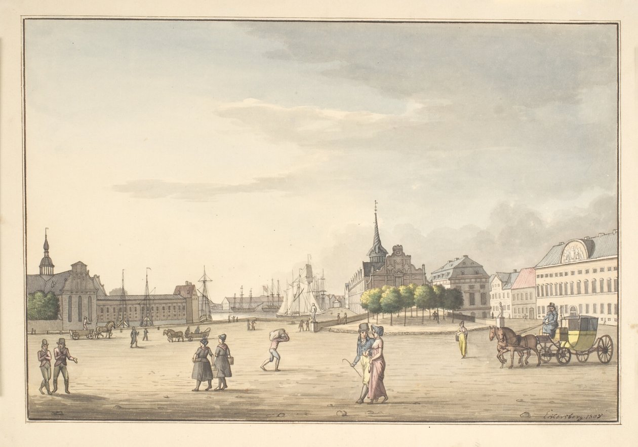 Pohled ze Slotspladsen směrem na Børsen a banku od Christoffer Wilhelm Eckersberg
