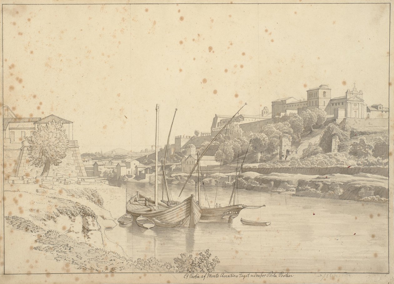 Pohled na Tiberu v Porto di Ripa Grande mimo Porta Portese směrem na Marmorata a kostely Monte Aventino, Řím od Christoffer Wilhelm Eckersberg