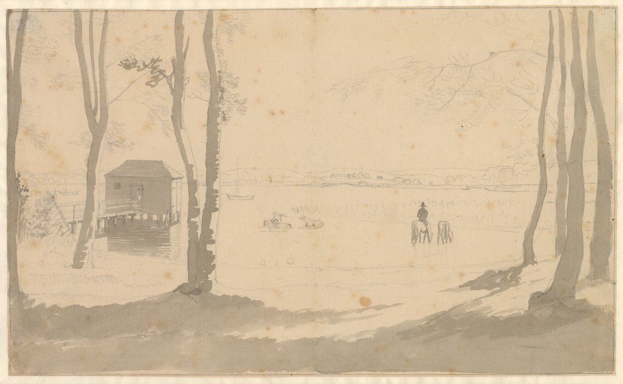 Pohled na jezero, vlevo lázeňský dům, uprostřed jezdci napájející koně, popředí je zalesněné od Christoffer Wilhelm Eckersberg