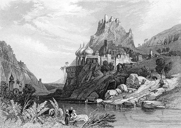 Ruiny v Ettaii, údajně způsobené bojem mezi Krišnou a Kali, vyryté E. Findenem, z „World Religion“, vydané A. Fullarton & Co. (rytina) od C. (after) Stanfield