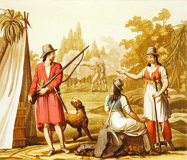 Skupina mužů a žen z Antil (barevná rytina) od C. Bottigelli
