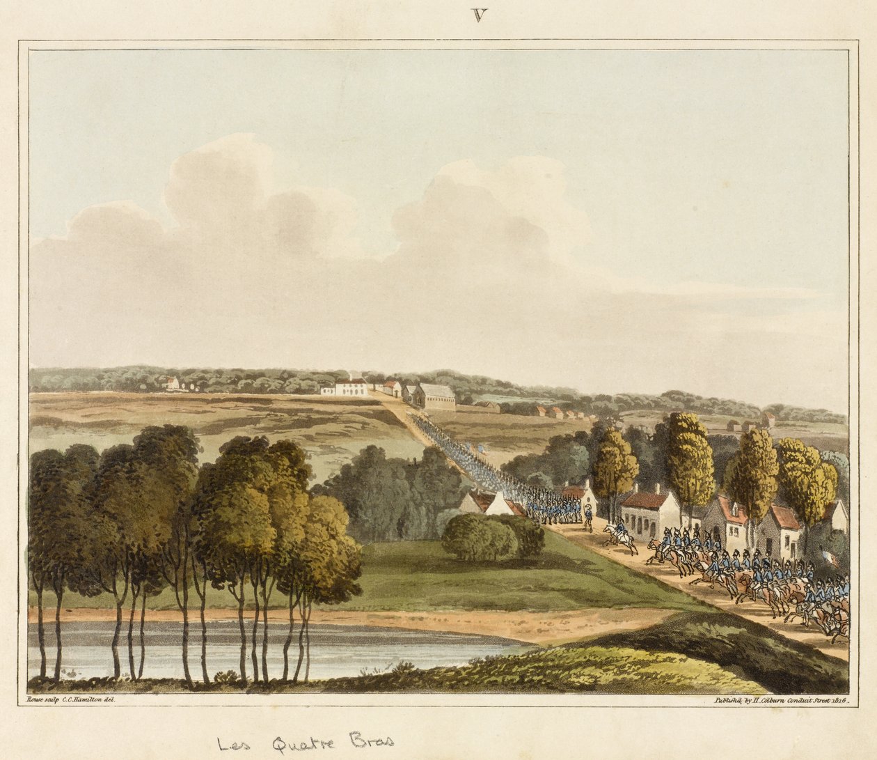 Les Quatre Bras, z „Historické zprávy o bitvě u Waterloo“, rytina Jamese Rouse, 1817 (barevná akvatinta) od C. C. Hamilton
