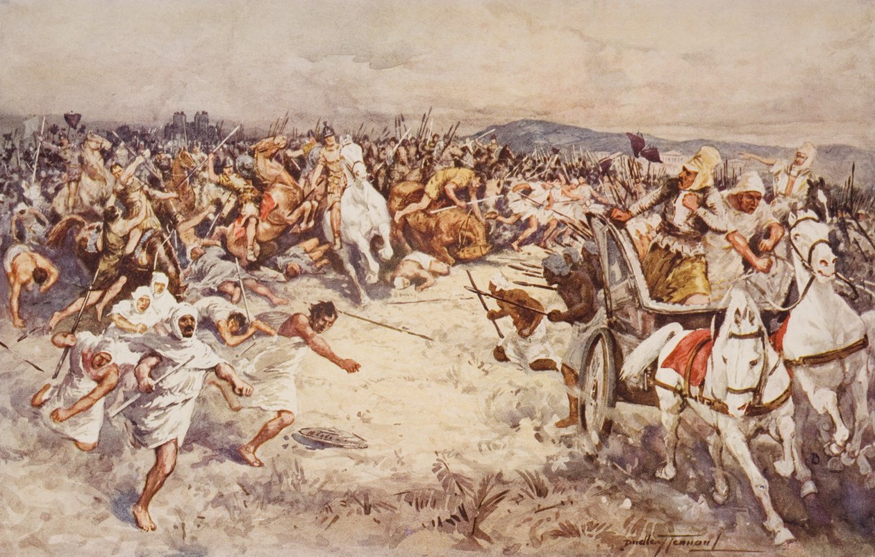 Bitva o Issus, ilustrace z „Nástin historie“ od H.G. Wellse, svazek I, vydané v roce 1920 (barevné lito) od C. Dudley (after) Tennant