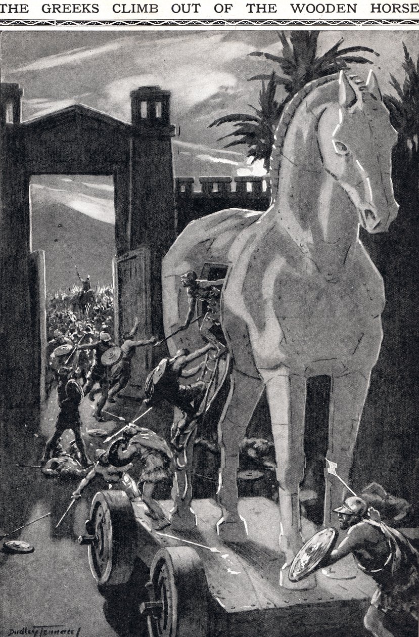 Řekové vylézají z dřevěného koně, ilustrace z 