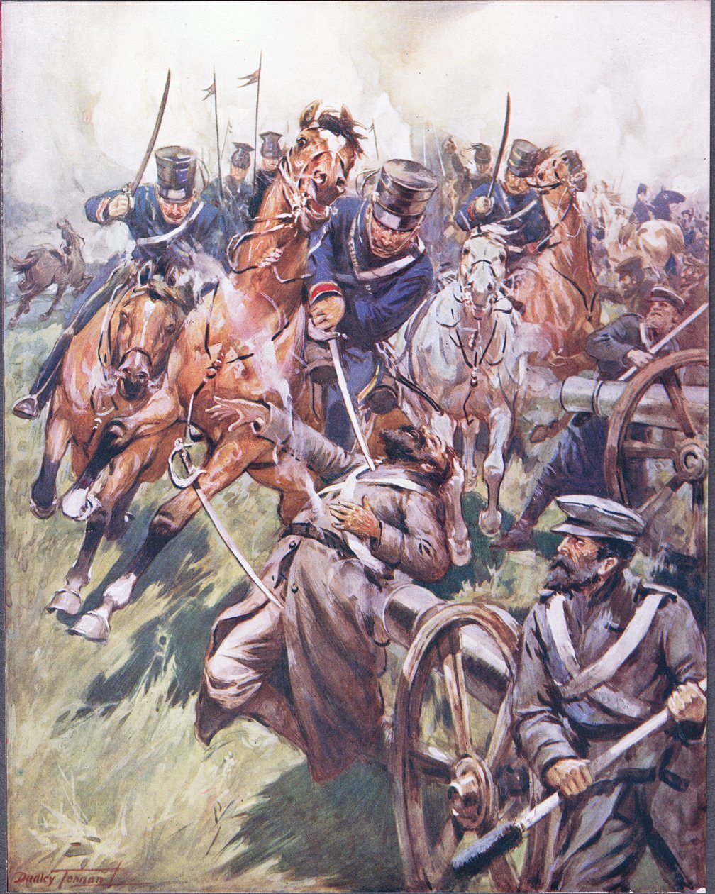 Kozák a ruský kotouč z úderu šavlí, ilustrace z 