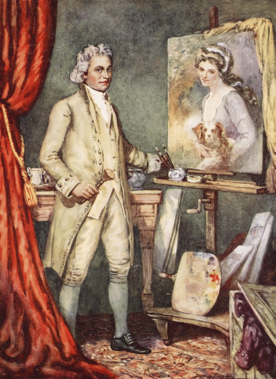 George Romney maluje portrét lady Hamiltonové (barevné lito) od C. Dudley Tennant