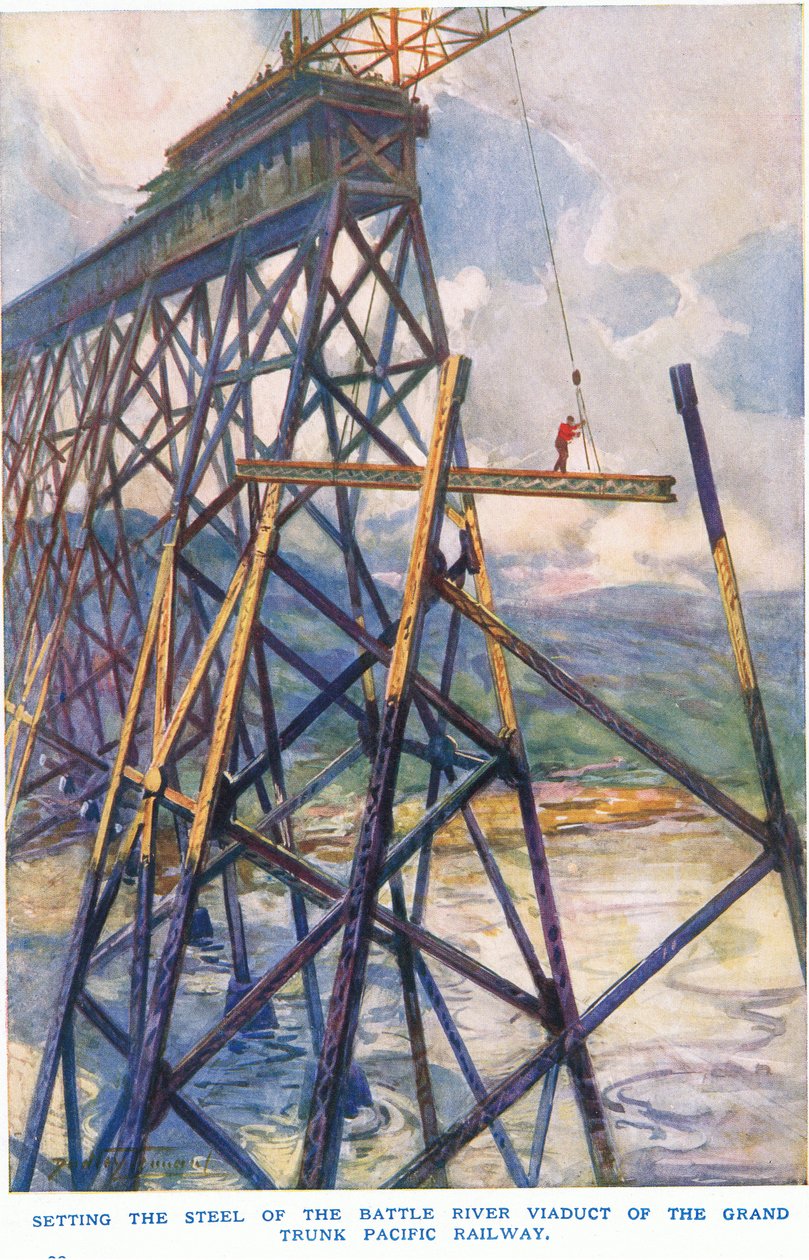 Nastavení oceli na viaduktu Battle River na Grand Trunk Pacific Railway od C. Dudley Tennant
