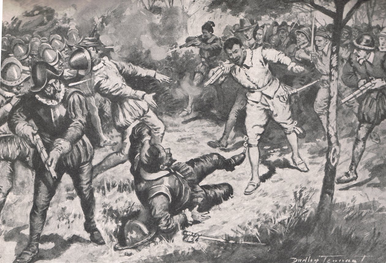 Admirál, následovaný svou družinou, běžel střemhlav ke stráži Vera Cruz, ilustrace z 