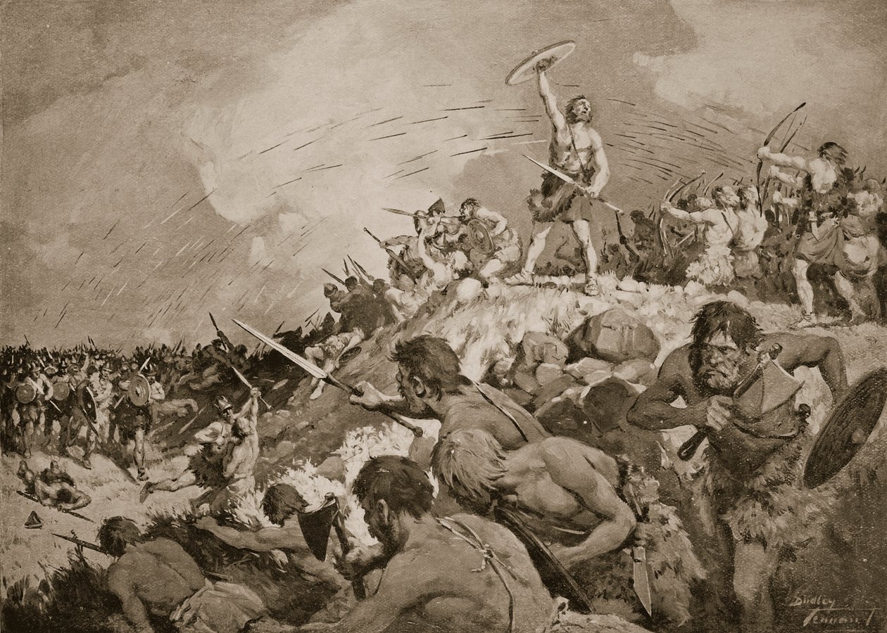 Bitva u Mons Badonicus, cca 500 n. l., ilustrace z „Dějiny národa“ (litho) od C. Dudley Tennant