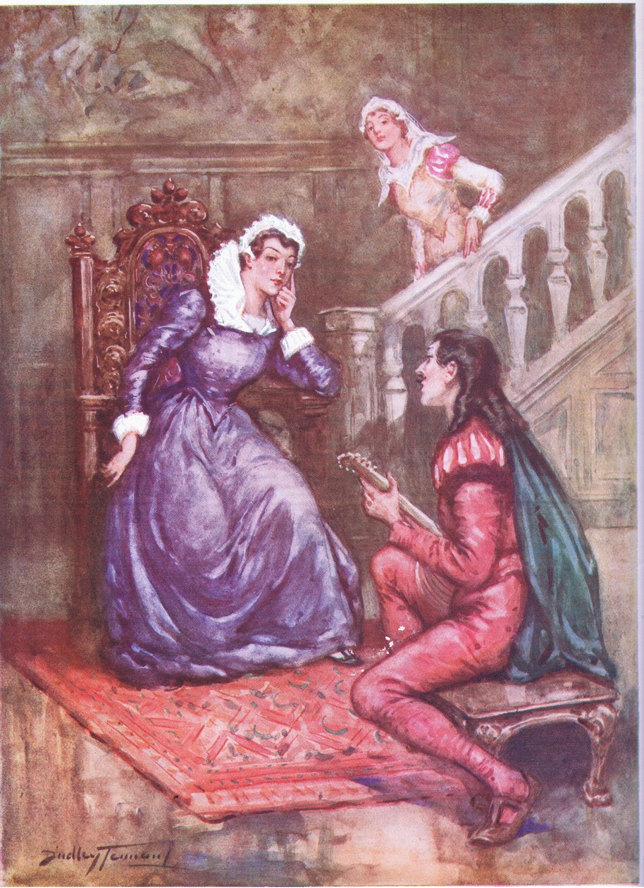 Hudebník, který si získal přízeň královny. Mary Queen of Scots a David Rizzio (barevné lito) od C. Dudley Tennant