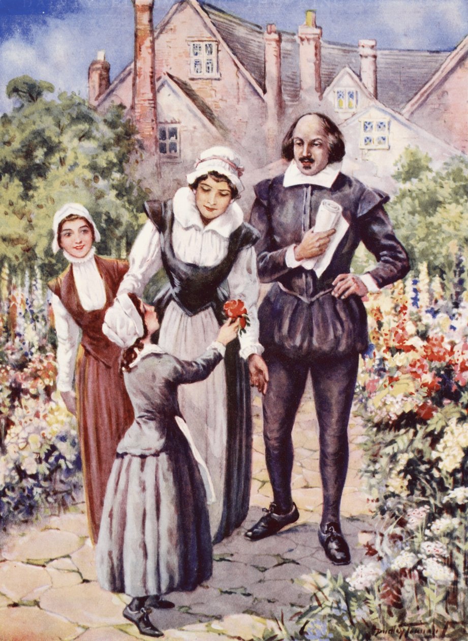 William Shakespeare, se svou ženou a dvěma dcerami, v zahradě v New Place, Stratford-upon-Avon (barevné lito) od C. Dudley Tennant