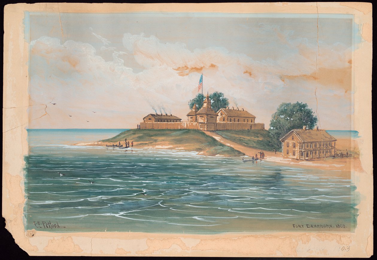 Fort Dearborn v roce 1803 (akvarel) od C. E. Petford