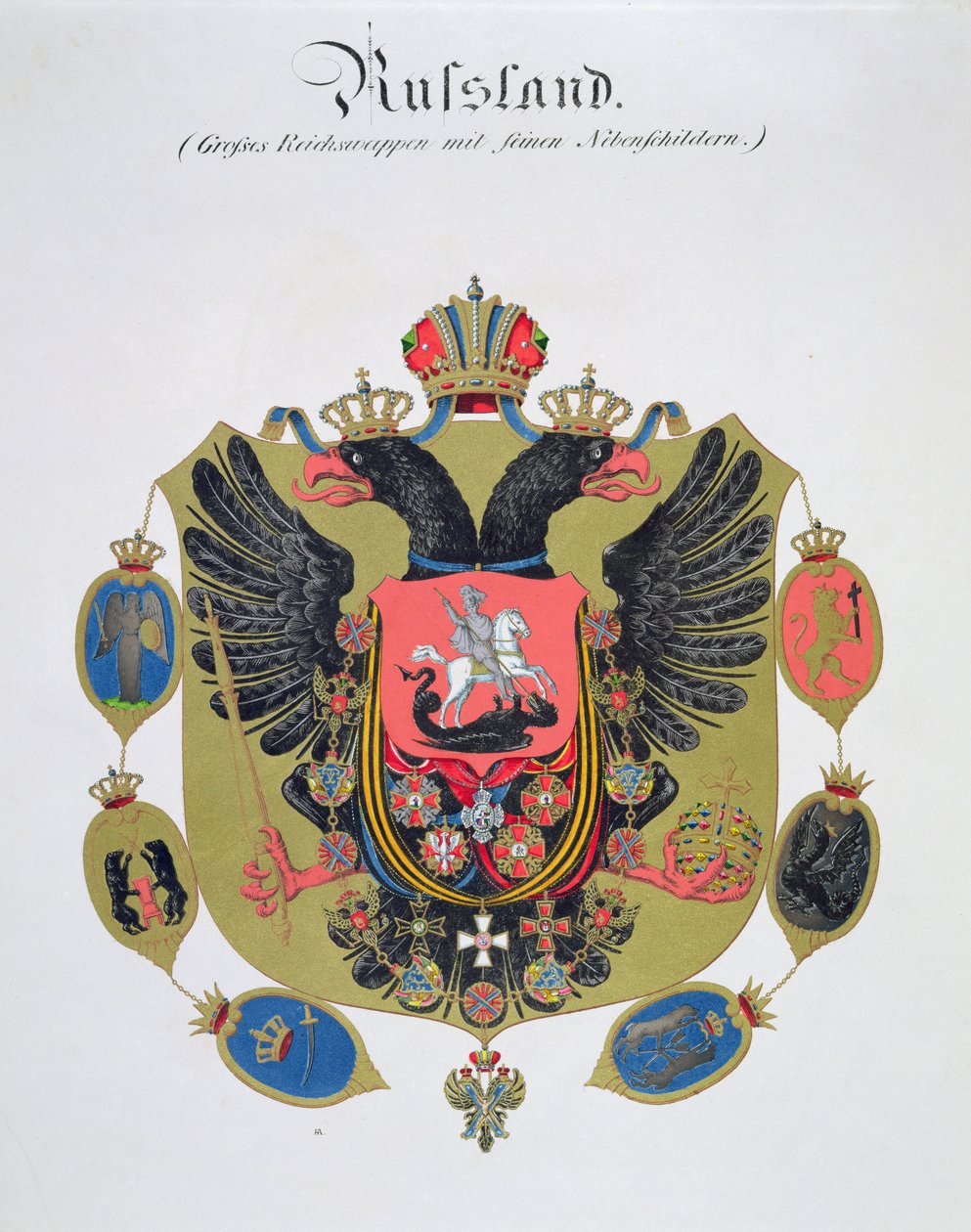 Zbraně a štít státu imperiální Rusko, ze sbírky akvarelů publikované v Německu, c.1830-33 od C. Hildebrandt