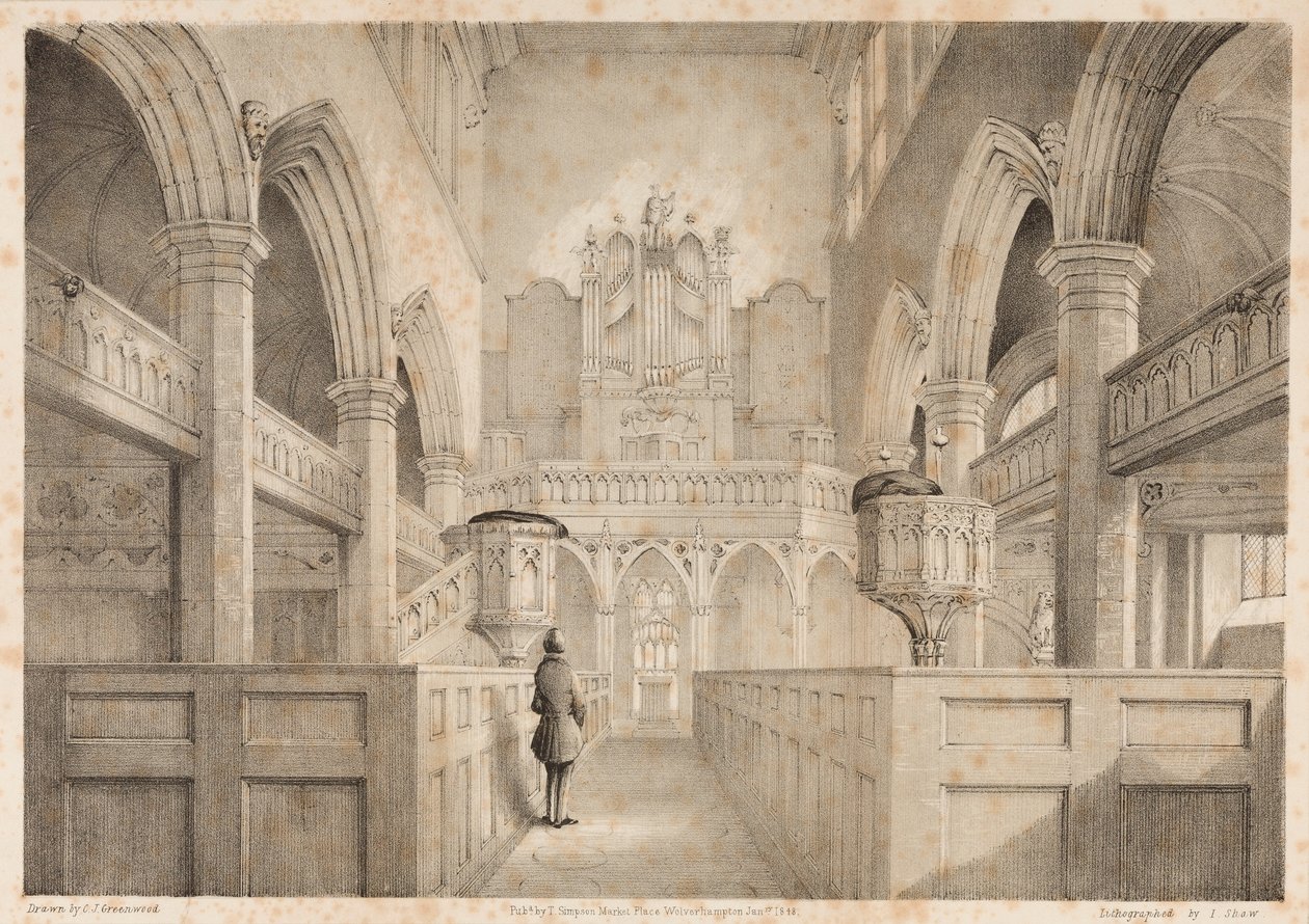 Interiér St. Peters, Wolverhampton, vyryl I. Shaw, 1848 od C. J. Greenwood