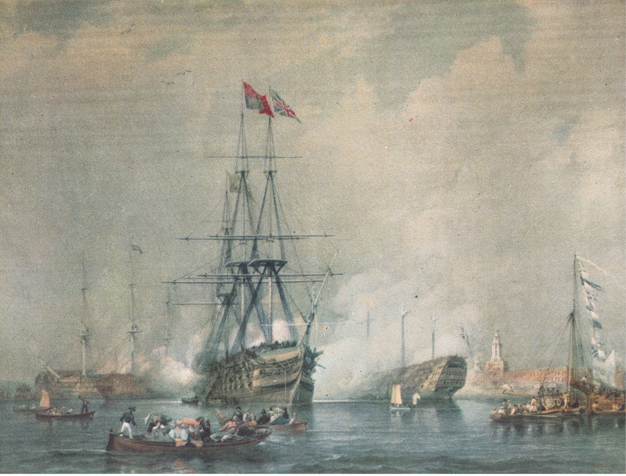 HMS Victory střílející královský pozdrav v přístavu Portsmouth, z British Adventure vydané Collinsem, 1947 od C. J. M. Whichello