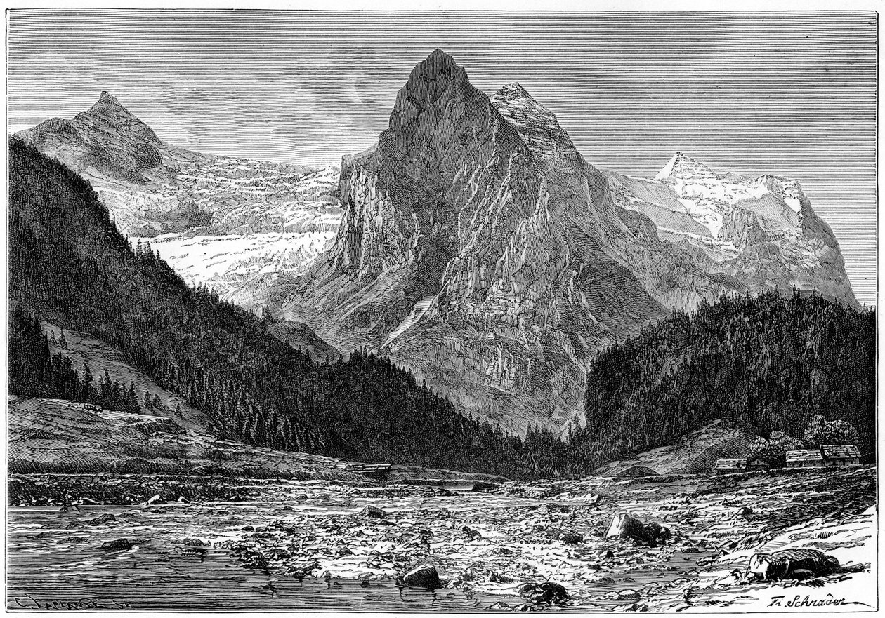 Wellhorn a ledovec Rosenlaui, Švýcarsko, 19. století. od C. Laplante