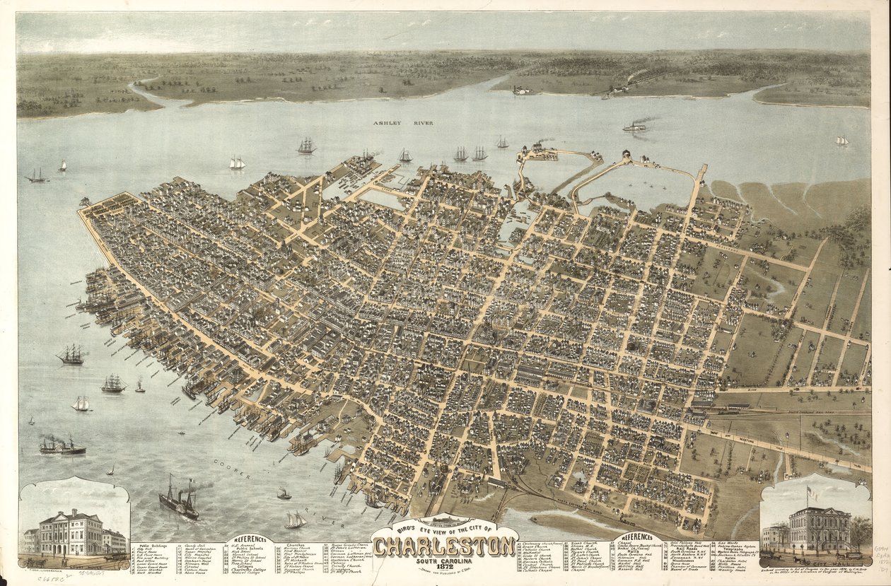 Pohled na město Charleston v Jižní Karolíně z ptačí perspektivy v roce 1872. LOC 75696567 od C. N. Drie