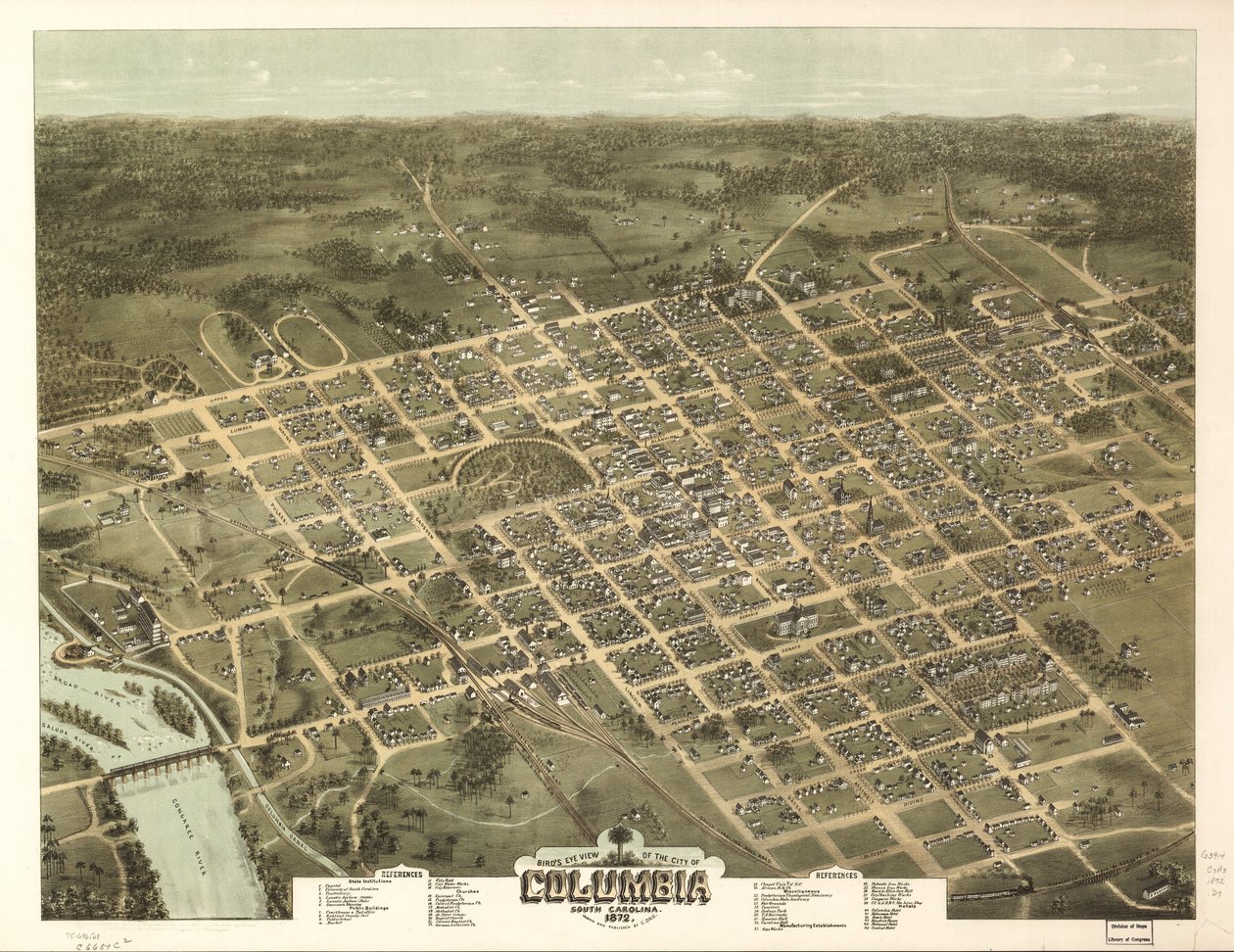 Pohled z ptačí perspektivy na město Columbia, Jižní Karolína 1872. od C. N. Drie