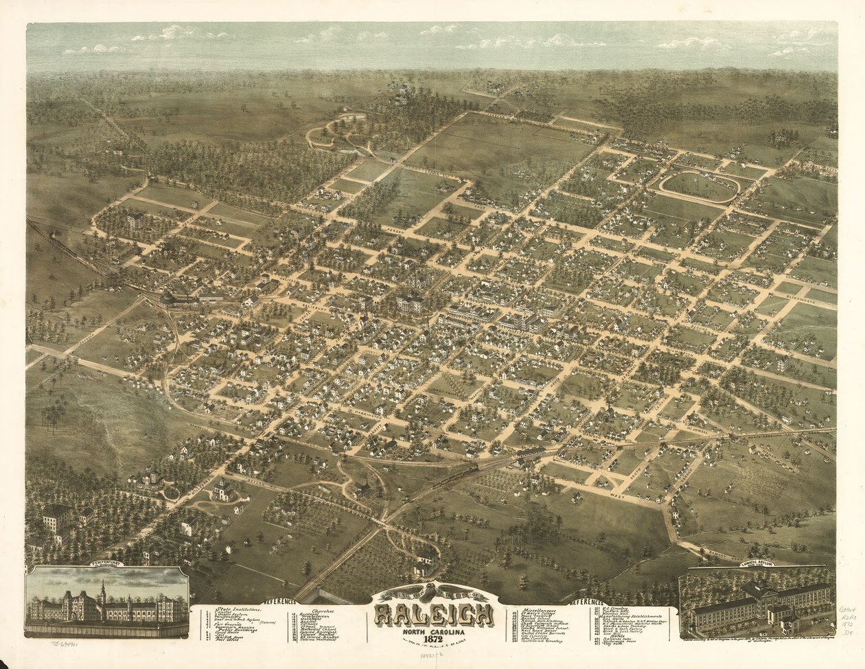 Pohled z ptačí perspektivy na město Raleigh, Severní Karolína 1872. od C. N. Drie