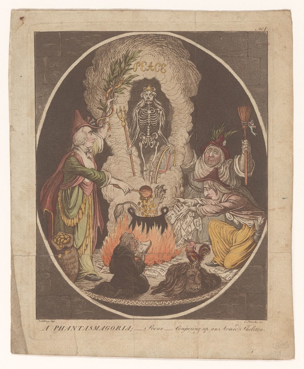 Karikatura o míru v Amiens, 1802 Phantasmagorie; - Scéna - Vykouzlení ozbrojené kostry (název na předmětu) od C. Starcke