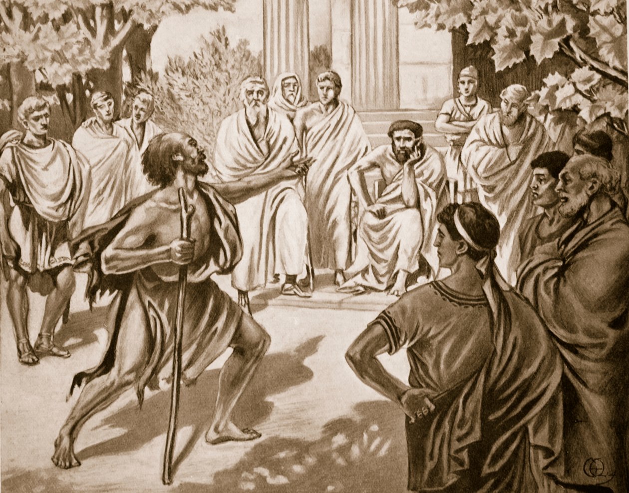 Diogenes a Platón, ilustrace z Hutchinsonovy Historie národů, 1915 od C. Titus