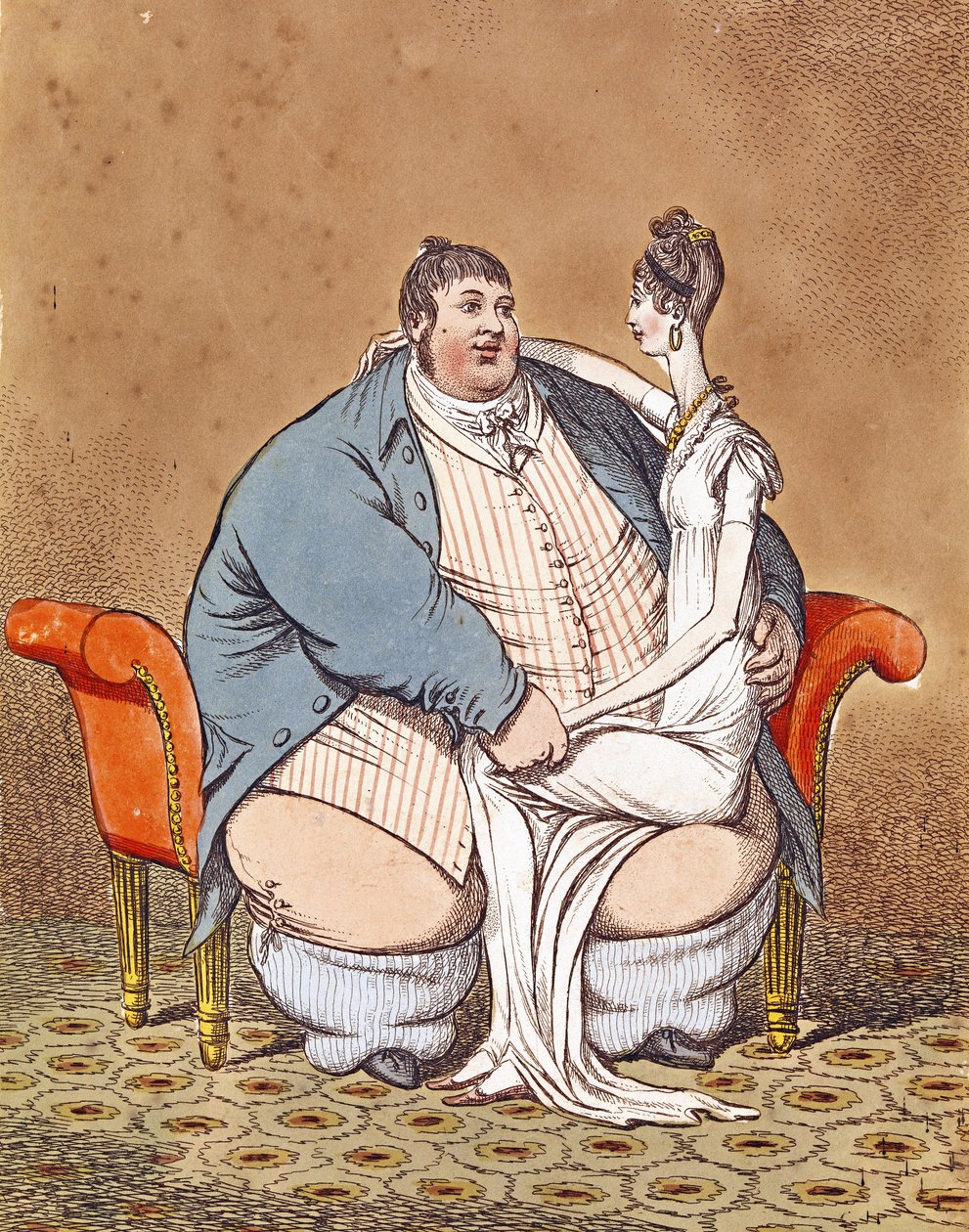 Tlustý a štíhlý - Daniel Lambert kontrastoval s hubenou ženou sedící na jeho koleně, 1806 od C. Williams