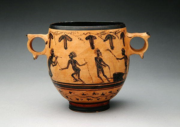 Skyphos s parodickými scénami, c.430-410 př.nl (keramika) (viz také 288251) od Cabirian