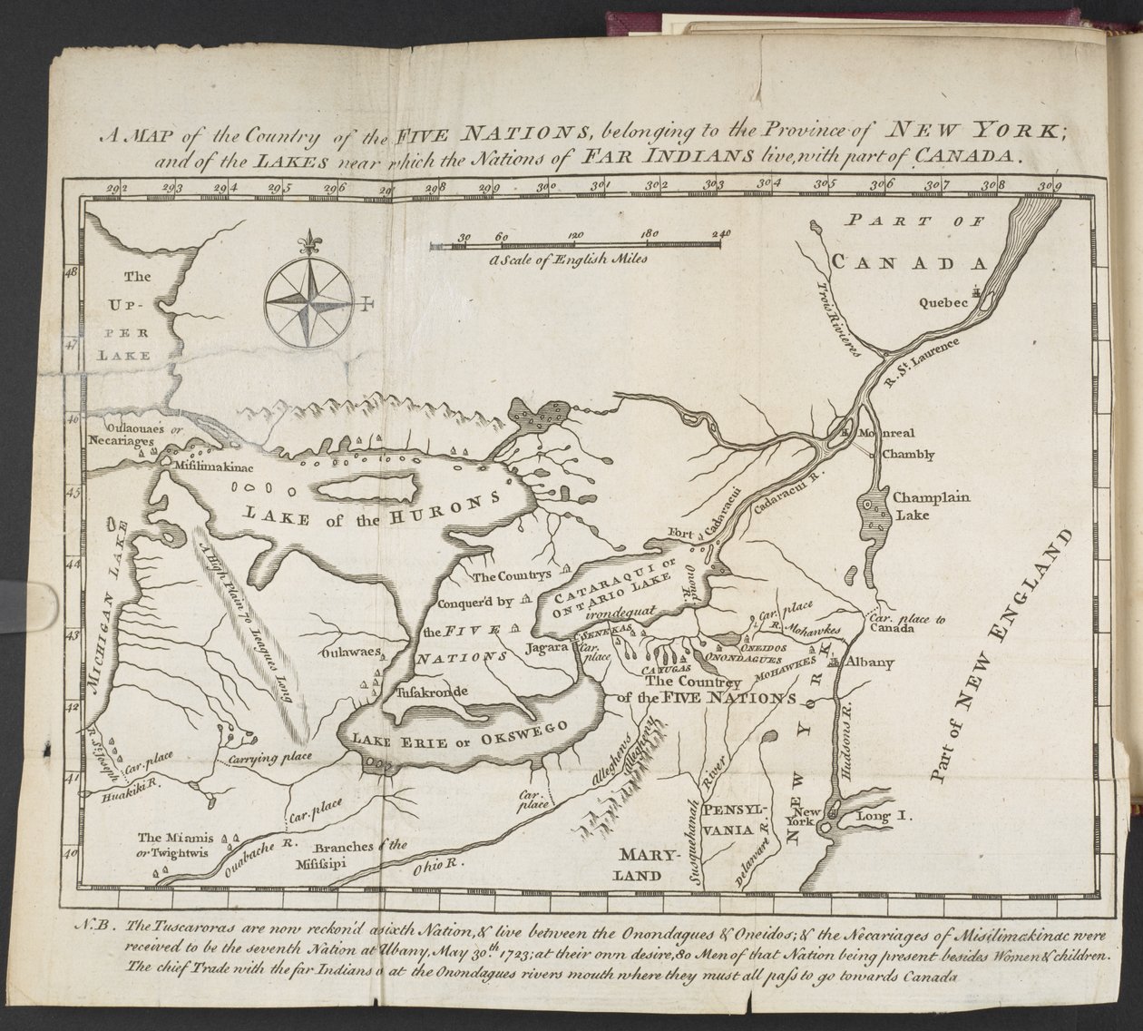 Mapa Země pěti národů, patřící do provincie New York; a jezer, v jejichž blízkosti žijí národy dalekých indiánů, s částí Kanady od Cadwallader Colden