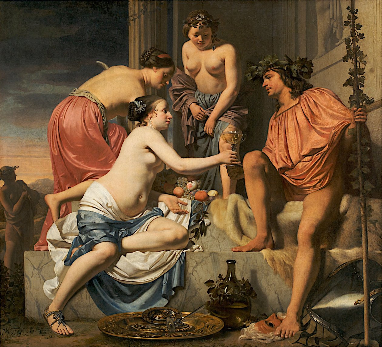 Bacchus na trůnu nymfy nabízející Bacchus víno a ovoce od Cesar Boetius van Everdingen