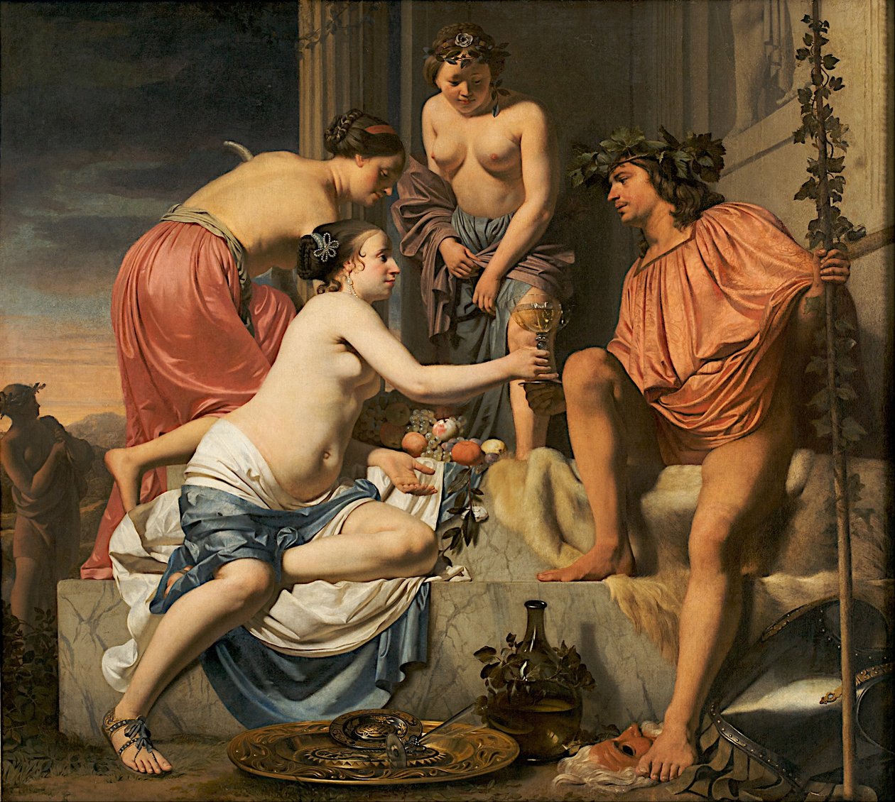 Bakchus na trůnu - Nymfy nabízející Bakchovi víno a ovoce od Caesar van Everdingen