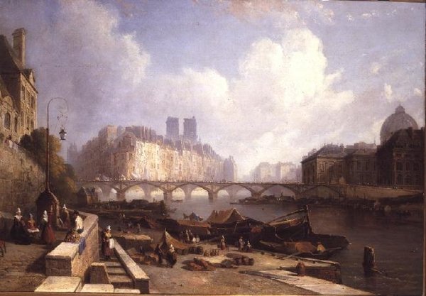 Ile de la Cite, Paříž, z Quai du Louvre (olej na plátně) od Caleb Robert Stanley