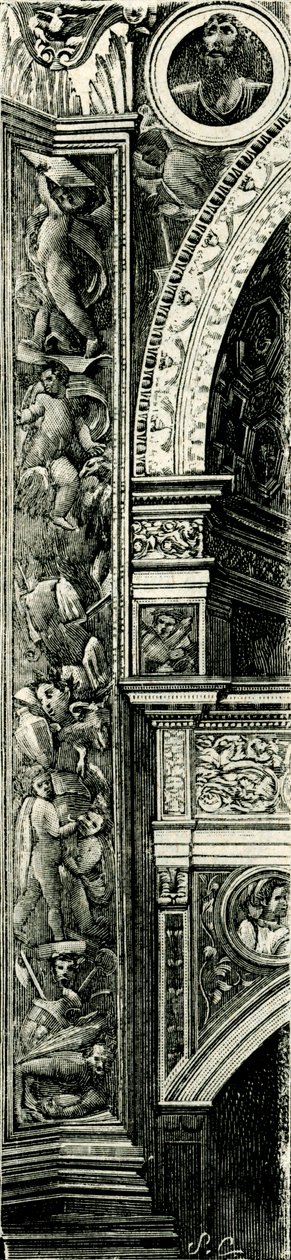 Pilastrový pás zdobený Callisto Piazza (asi 1500-1561 nebo 1562), Tempio Civico della Beata Vergine Incoronata (Chrám blahoslavené Panny Marie korunovaný), Lodi, Lombardie, Itálie, dřevoryt od Callisto Piazza