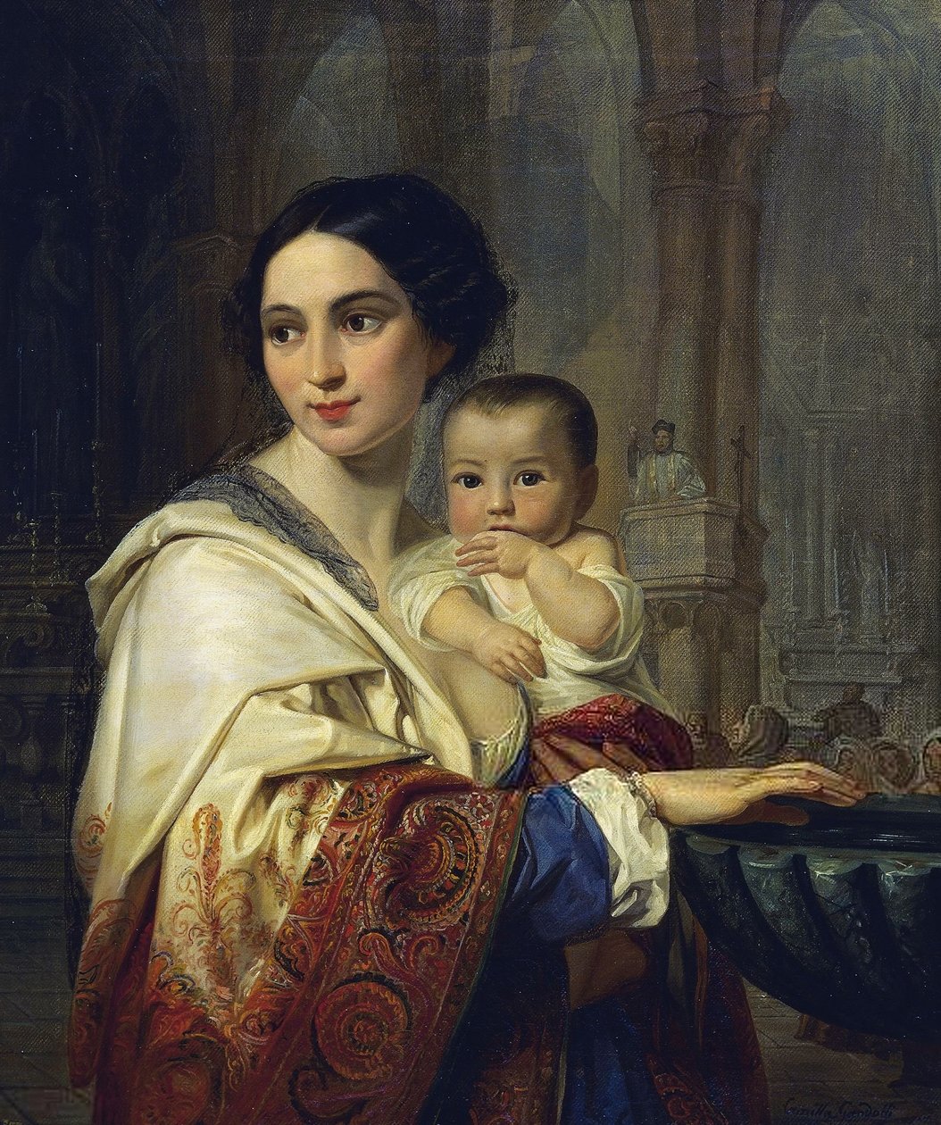 Matka s dítětem v náručí čerpá svěcenou vodu od Camilla Guiscardi