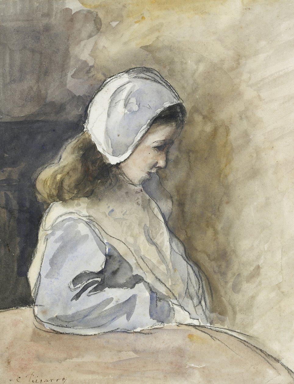 Jeanne-Rachel Pissarro sedící u stolu, c. 1872 (akvarel přes černou křídu) od Camille Jacob Pissarro