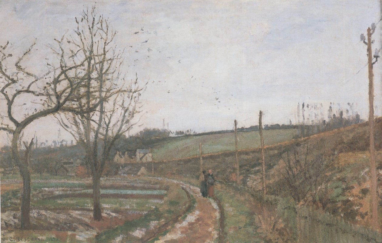 The Road by the Railroad Snow Effect od Camille Jacob Pissarro