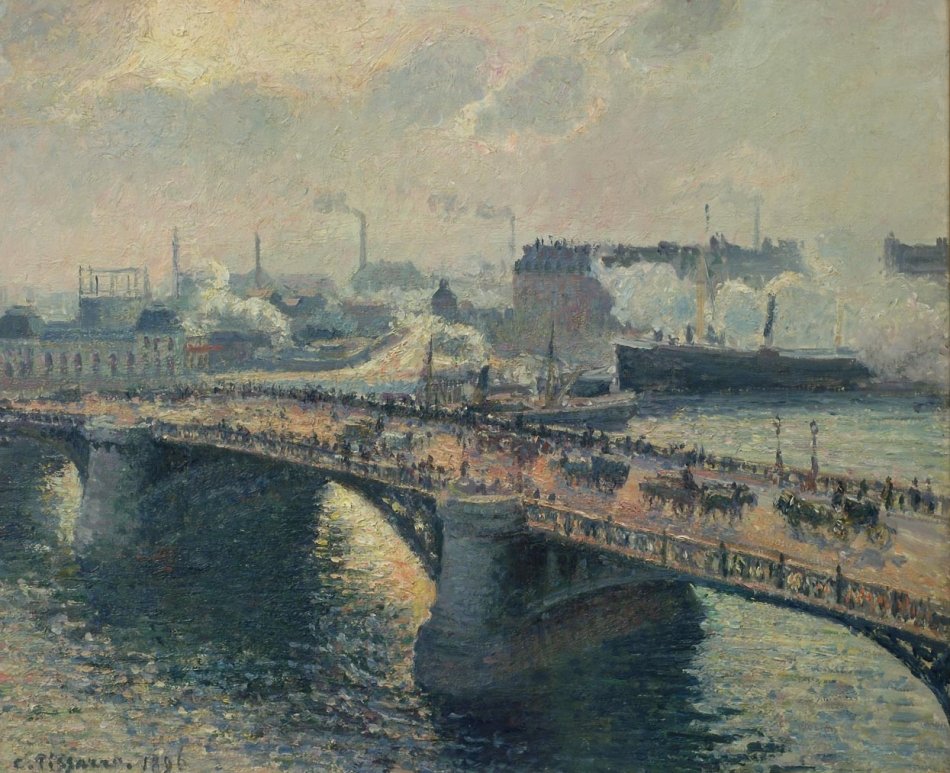 Most Boieldieu v Rouenu, zapadající slunce, mlhavé počasí od Camille Jacob Pissarro