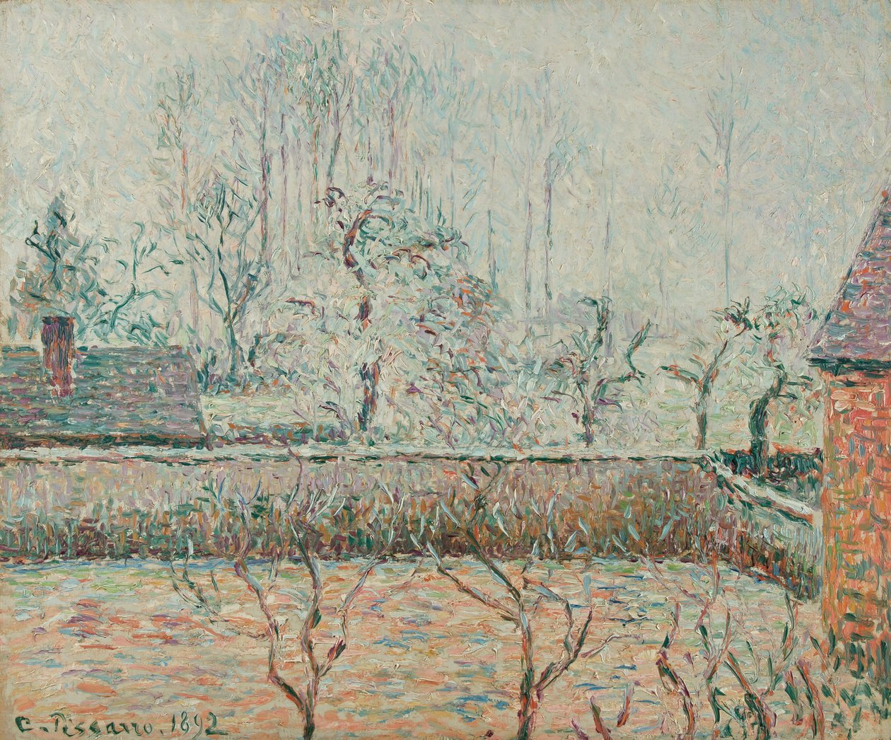 Krajina s domy a plotem, mráz a mlha (1892) od Camille Jacob Pissarro