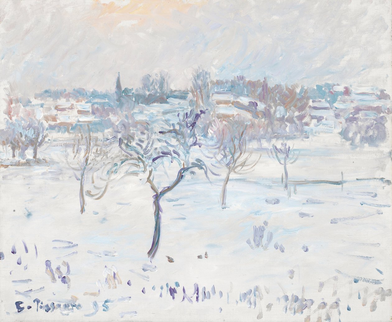 Zasněžená krajina v Eragny s jabloní, 1895 od Camille Jacob Pissarro