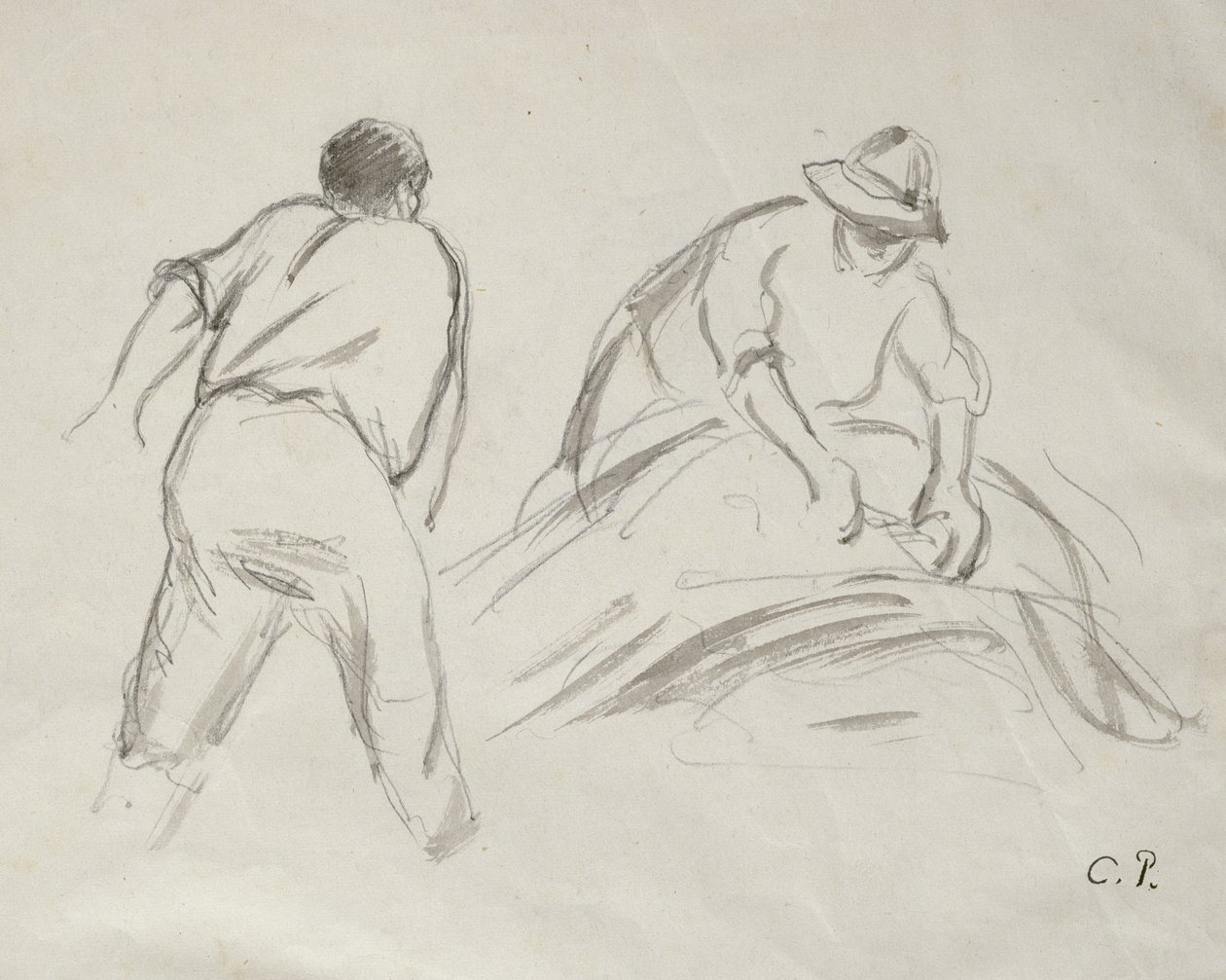 Studie mužského a ženského kombajnu (šedá barva přes tužku na papíře) od Camille Jacob Pissarro