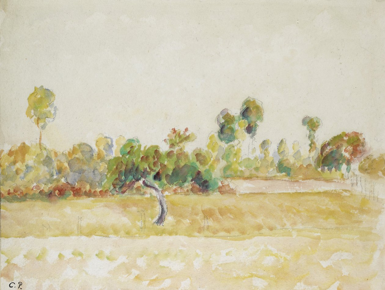 Studie sadu v Eragny-sur-Epte, pohled z umělcova domu, cca. 1886 - 1890 (akvarel přes černou křídu) od Camille Jacob Pissarro