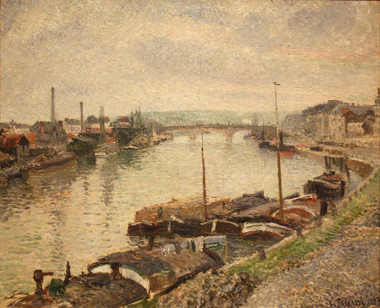 Kamenný most a čluny v Rouenu od Camille Jacob Pissarro