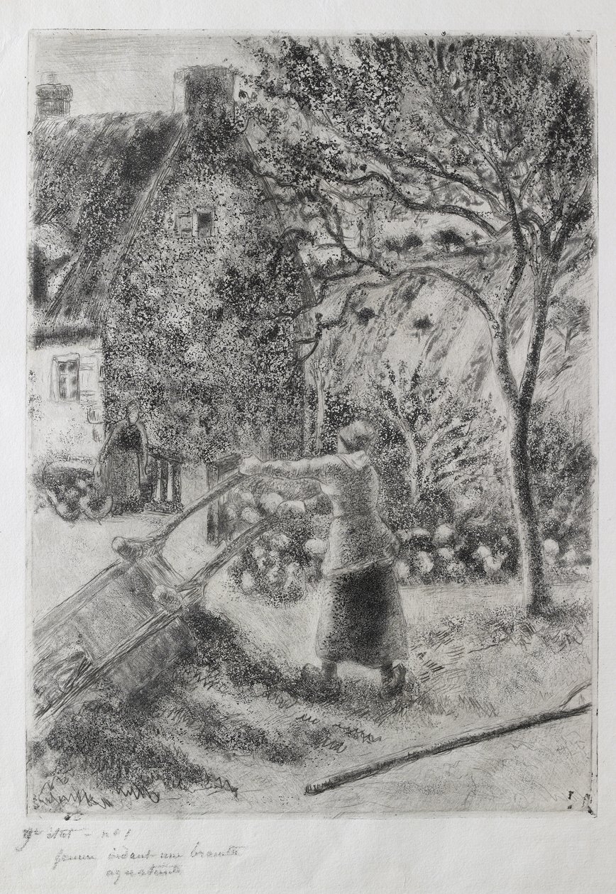 Žena vyprazdňující trakař, 1880 (suchá jehla, akvatinta, brusný papír a leptání na kousnutí) od Camille Jacob Pissarro