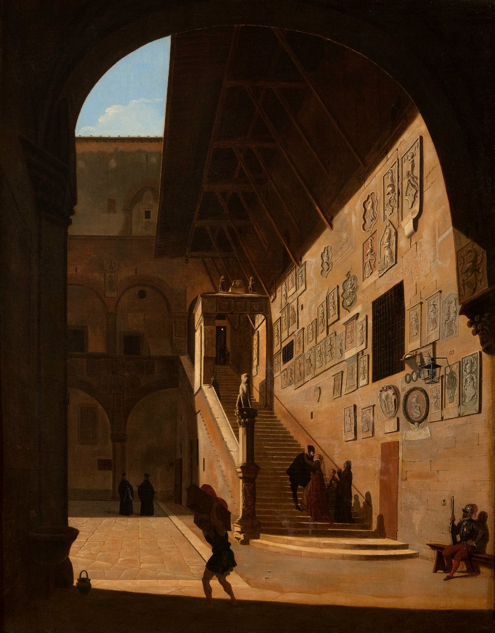 Vnitřní pohled na Starý palác republiky ve Florencii (nyní Palazzo del Popolo nebo Bargello) 1822 od Camille Marie Bonnard